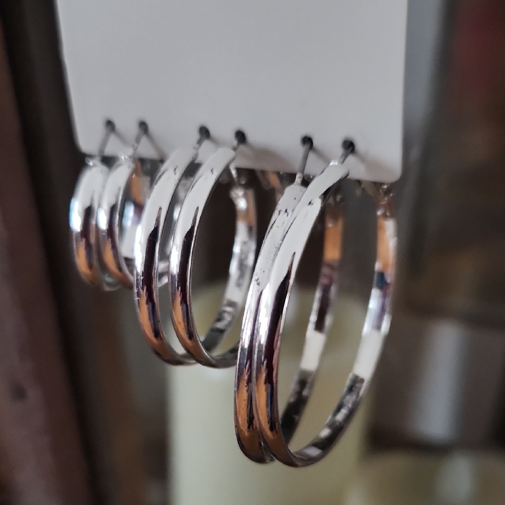 3 Different Sized Elegant Silvertone Hoop Earrings